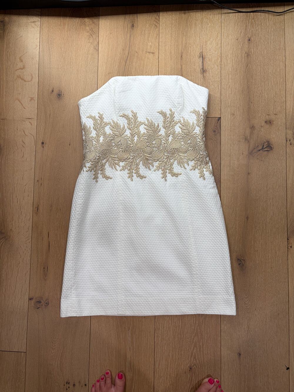 Lilly Pulitzer White Gold Metallic Embroidered Strapless Sheath Mini Dress